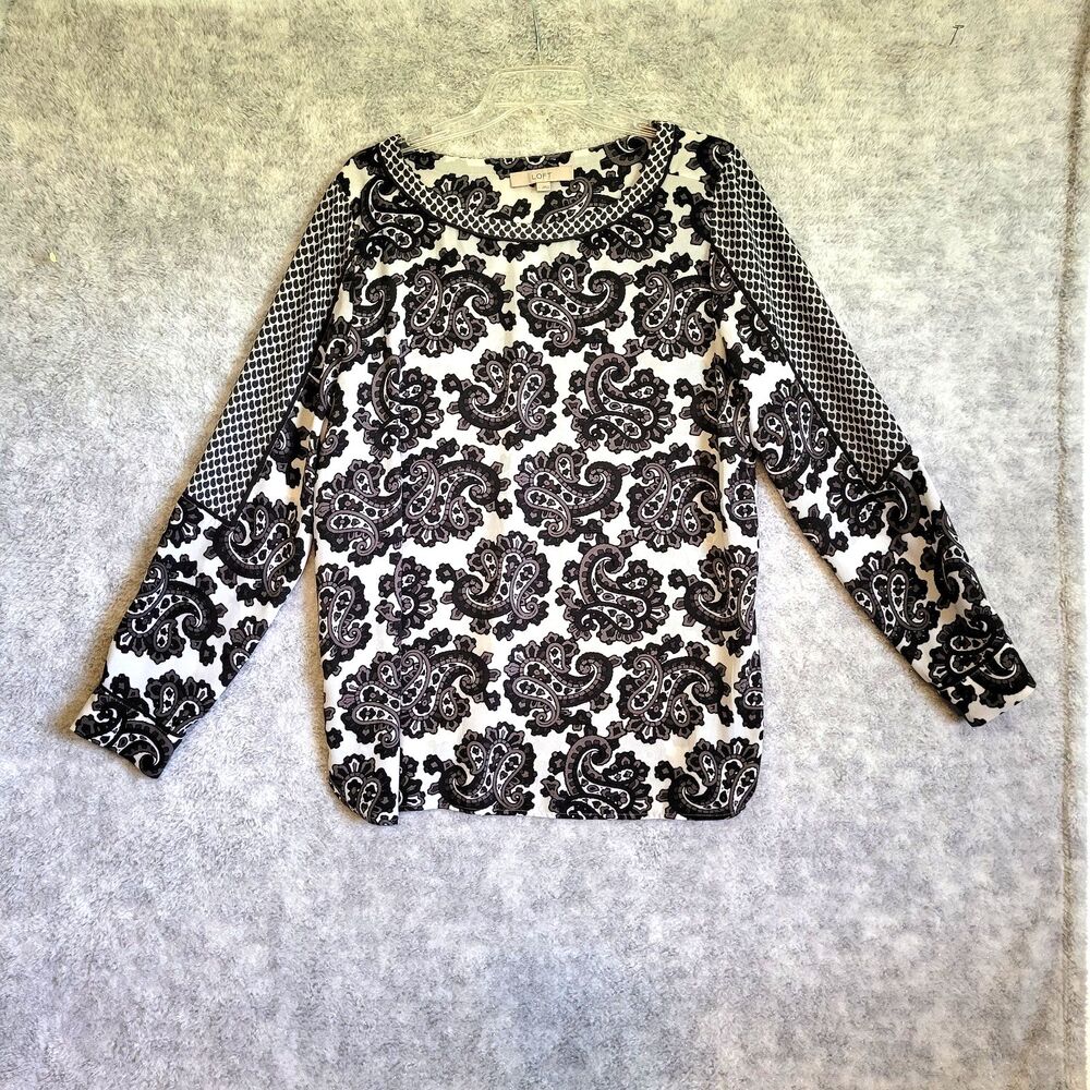 Loft Paisley Career Blouse Large Black & White Tunic Top Paisley Office Work
